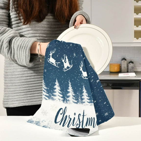 BZSMCE Kitchen Towels Creative Reindeer Fly on Blue Sky Painting Pattern Durable Kitchen Towel