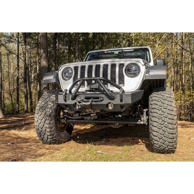 Rugged Ridge Bumper 11540.32 Heavy-Duty Bumper; One Piece Design; Direct Fit; Mounting Hardware Included; Without Grille Guard; With Winch Mount; With D-Ring Mounts; Powder Coated Black Steel