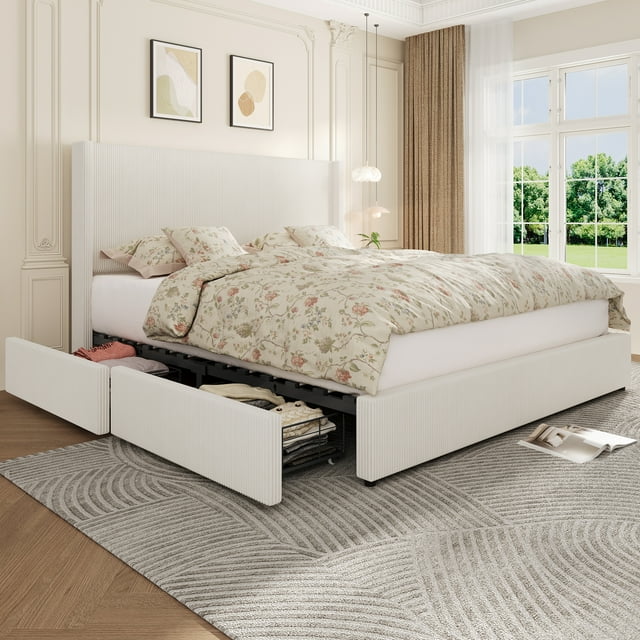 Modern Boho Upholstered Platform Bed Frame with 4 Storage Drawers, Sturdy Wood Slats, Easy Assembly