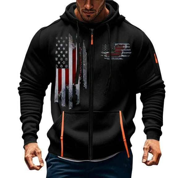 Hooded Mens Big and Tall Jackets Zip Up Workout Black Shirt Pocket Patriotic Fall Winter Outerwear