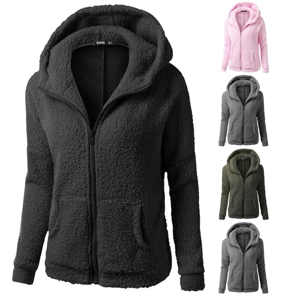 PMVFHDE Women Hooded Sweater Coat Winter Warm Wool Zipper Outwear Cardigan Black - M