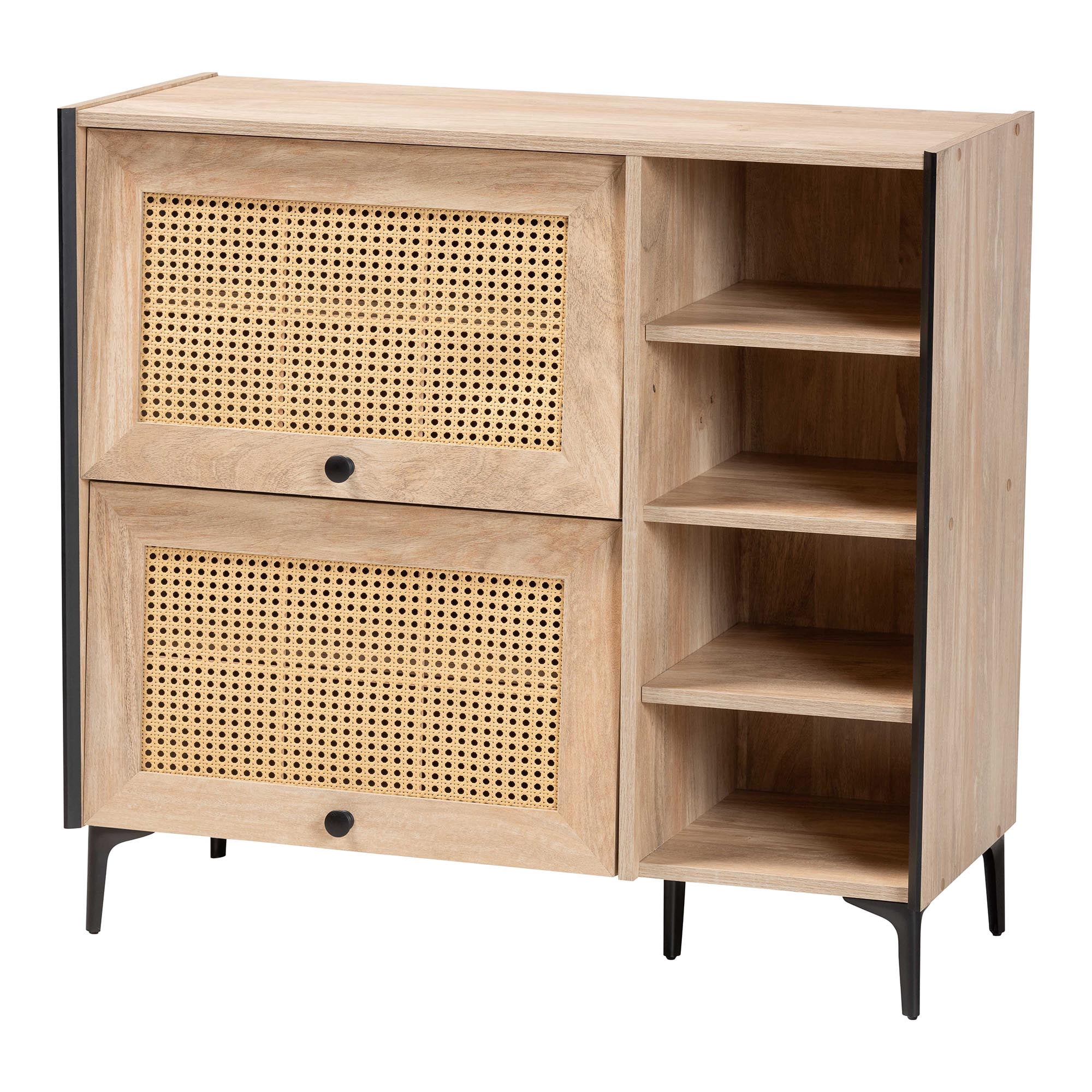 Baxton Studio Malcolm Mid-Century Shoe Cabinet, 8-Shelf, Oak Brown