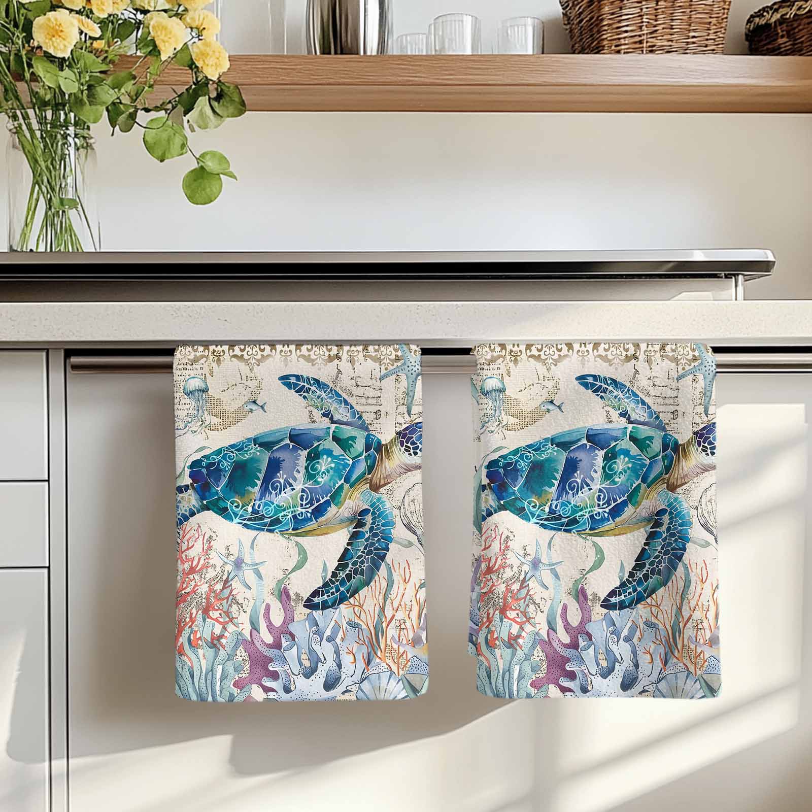 Dish Towels, Sea Turtle Absorbent Kitchen Towels 2 PCS, Vintage Ocean Coral Seagrass Microfiber Hand Towels Dish Cloths Tea Towels for Home&nbsp;Bathroom Cleaning Drying,18X28-Inch,