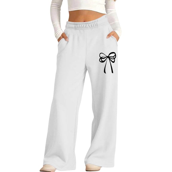 fatyb Girls Baggy Sweatpants Bow Printed Wide Leg Long Pants Elastic Waist Jogger Pants with Pockets