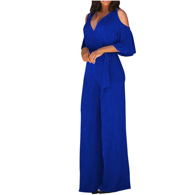 Tumotour Jumpsuits for Women Summer Long Sleeve Ruffle Rompers Comfortable Workout Wide Leg Long Pants Casual Solid Color Loose Overalls with Pockets for Trendy Beach Vacation Outfits