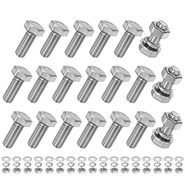 Uxcell Kit de tornillos de cabeza hexagonal de 20 piezas con tuercas, arandelas planas y de bloqueo M8x20mm, tornillos de acero inoxidable totalmente roscados