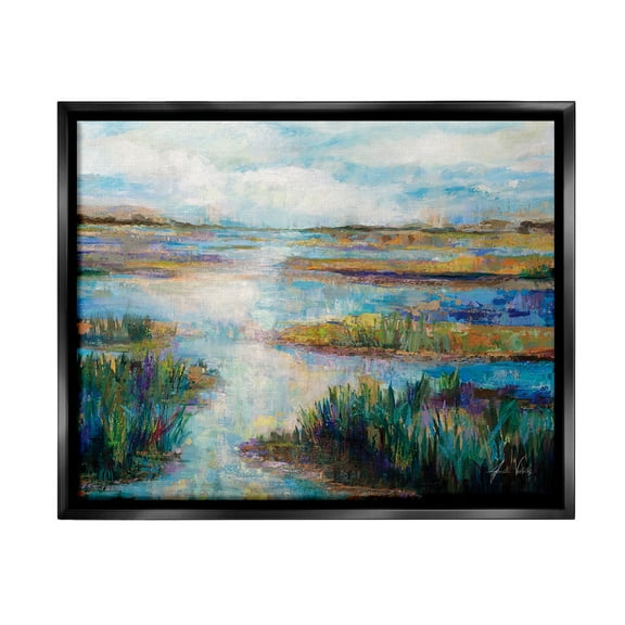 Stupell Industries Modern River Scenery Landscape Painting Black Floater Framed Canvas Art Print Wall Art, 21 x 17