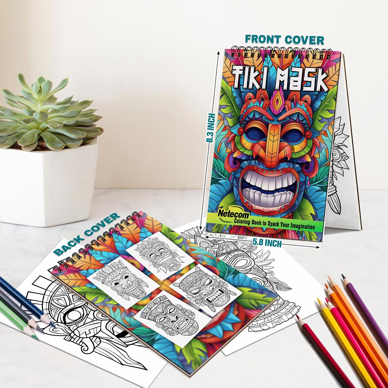 Netecom Tiki Mask Coloring Book Spiral Bound for Adults, A5 Wooden Cover, Spiral Bound, 30 Extraordinary Coloring Pages of Tropical Tiki Mask for Stress Relief and Relaxation