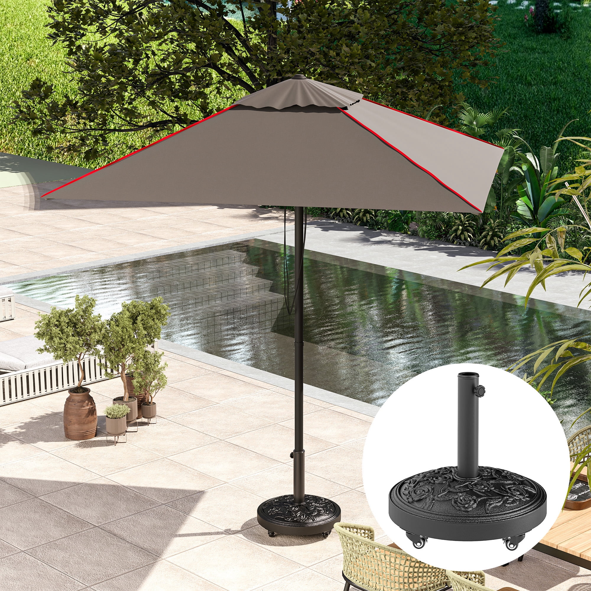Outsunny Patio Umbrella Base, 46 lbs Umbrella Base with Wheels, Outdoor Umbrella Stand for 1.3"/1.5"/1.9" Poles for Outdoor, Lawn, Poolside, Black