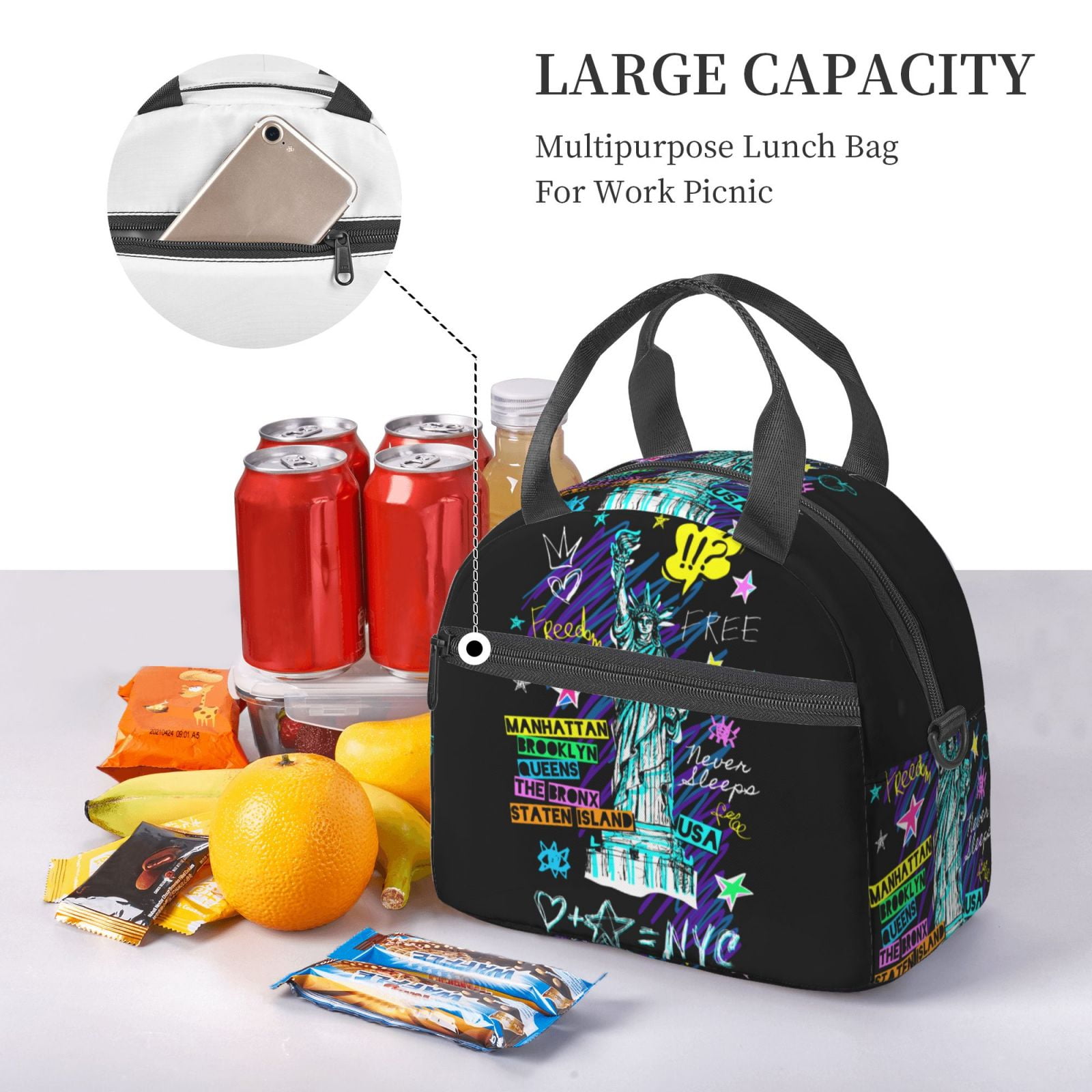 Ratiio New York City Pattern Lunch Bag ,Insulated Lunch Box, Small Leakproof Cooler Food Lunch Containers Reusable High Capacity Lunch Tote Bags
