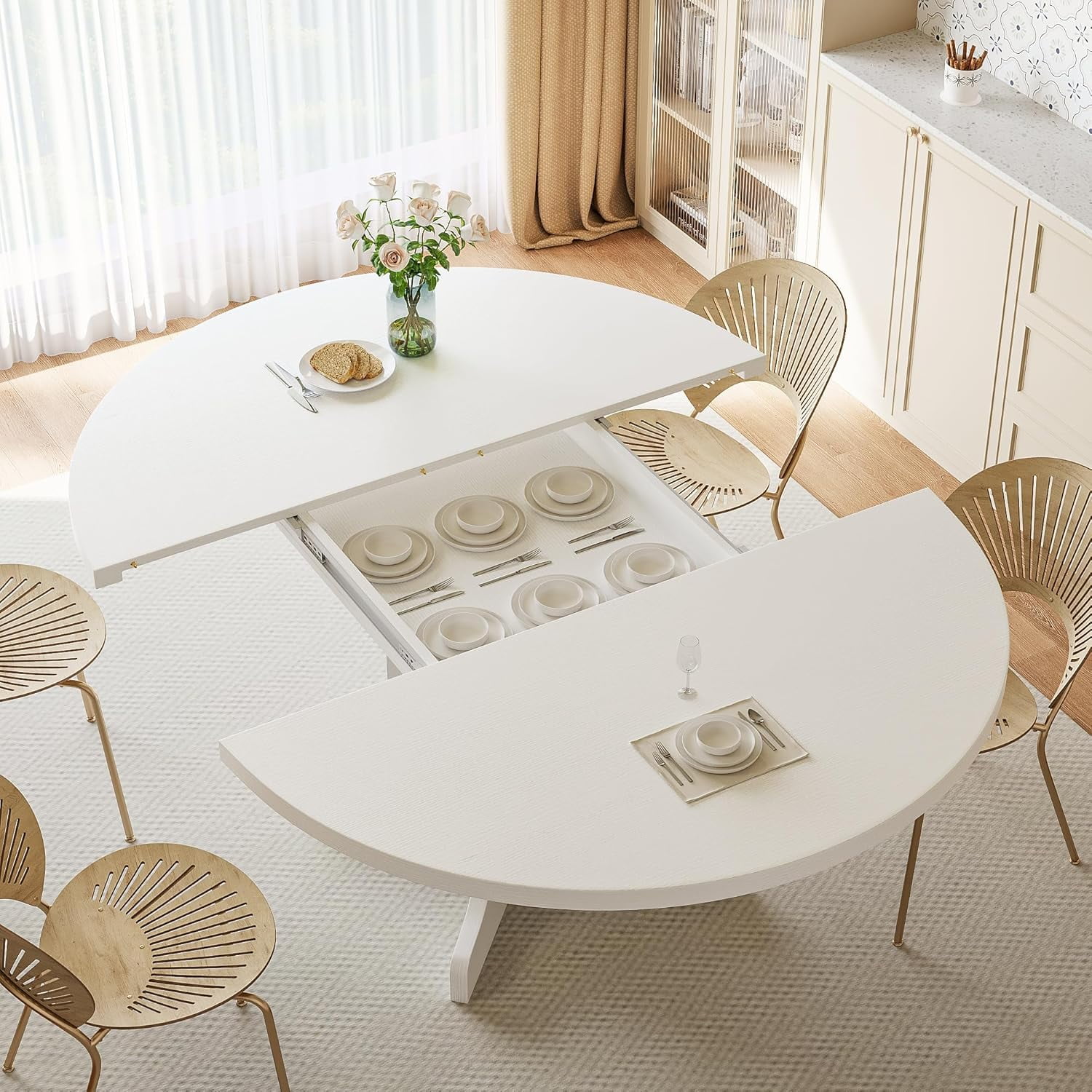 iPormis 59" Round Extendable Dining Room Table for 6, Modern Oval Kitchen Table with Heavy Duty Wood Base, Dinette for Kitchen Living Room,White