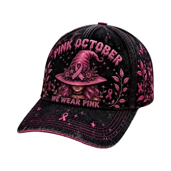 Pink October Hat Cancer Awareness Cap Witch Graphic Baseball Cap for Halloween Fall Events and Support Walks(23x18cm)