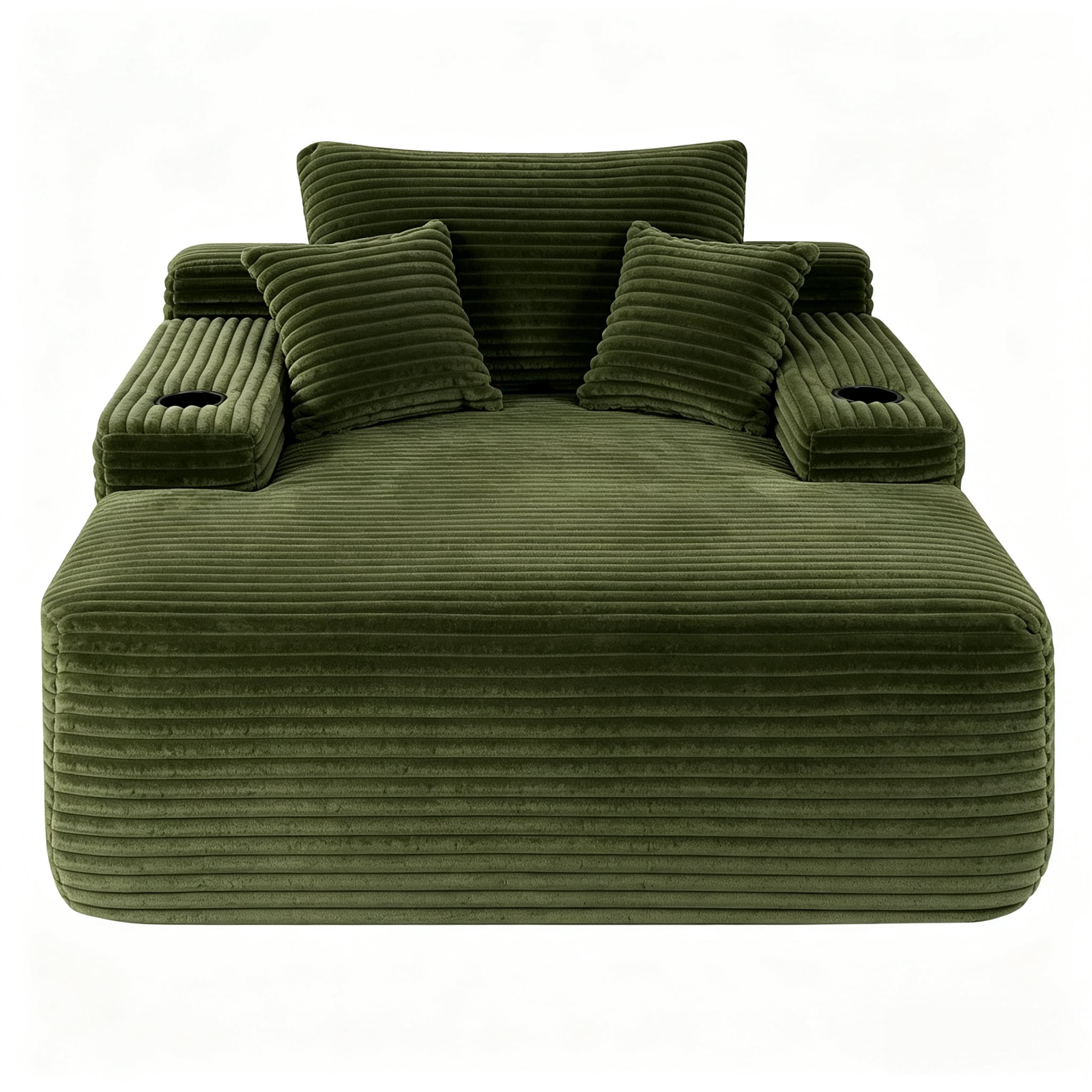 ShiKeyi 65'' Oversized Chaise Lounge Chair Indoor, Boneless Sofa Cloud, Plush Corduroy Chaise Couch with Cup Holders, Side Storage Pocket & Pillows, No Assembly Required, Green