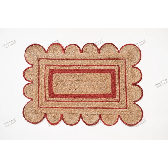 Rectangle Rug Natural Jute Rug Hand Braided Beige and Red Color Scalloped Area Rug
