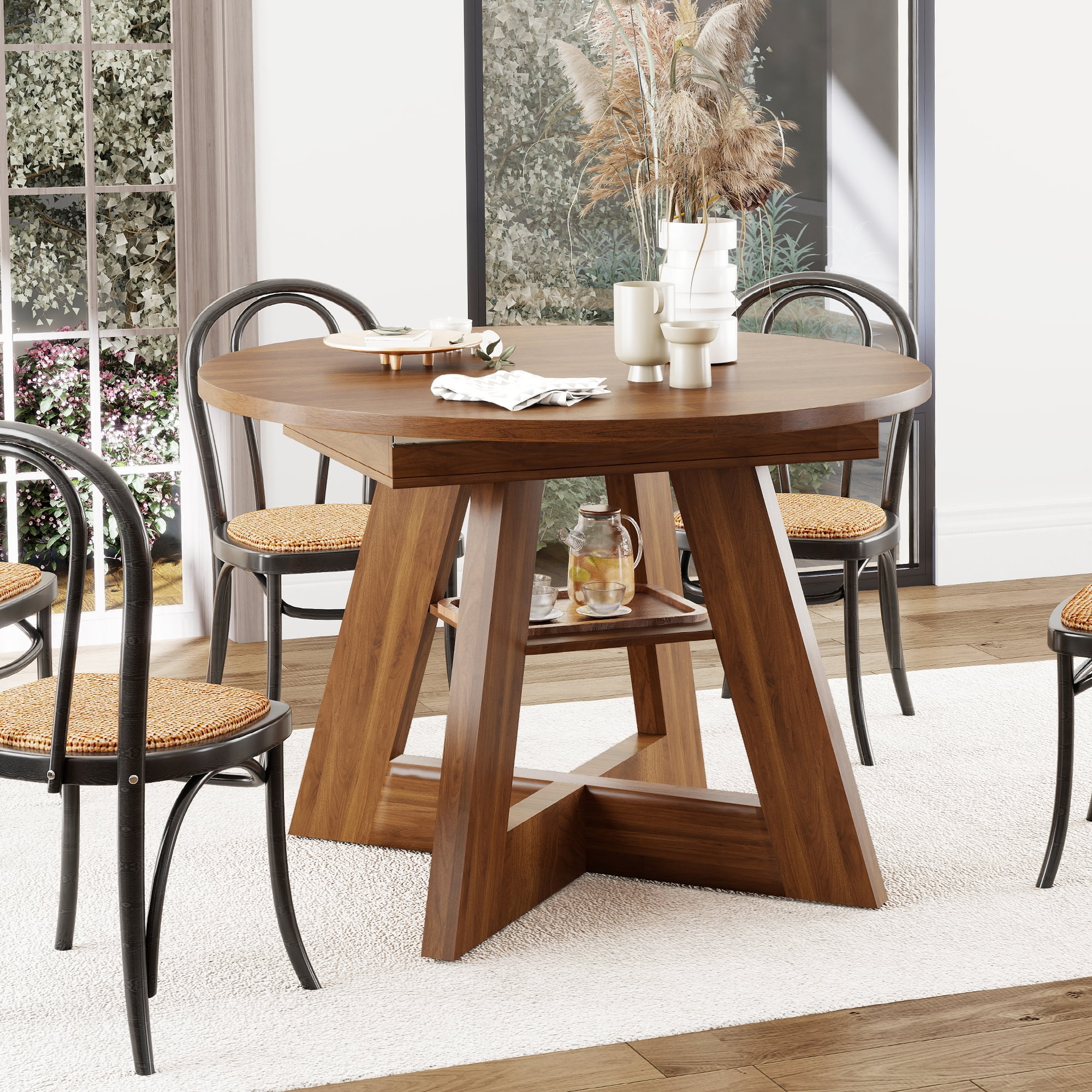 Extendable Dining Table for 4-6, Round Kitchen Table with Removable Leaves, Space Saving, Oval Dining Room Table with Storage Shelf for Kitchen Living Room (Walnut)