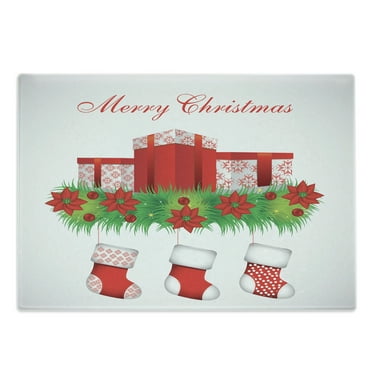 Christmas Cutting Board, Stockings Hanging for Santa Mistletoe Illustration Merry Christmas for All, Decorative Tempered Glass Cutting and Serving Board, Large Size, Red Emerald White, by Ambesonne