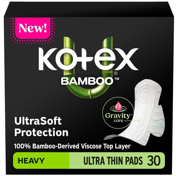 Kotex Bamboo Ultra Thin Pads with Wings, Heavy Absorbency, 30 Count