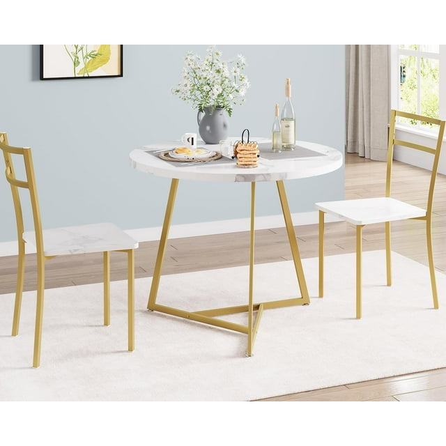 Ensemble Compact de Table à Manger Ronde pour 2 avec Chaises Rembourrées et Cadre en Acier, pour Petits Espaces