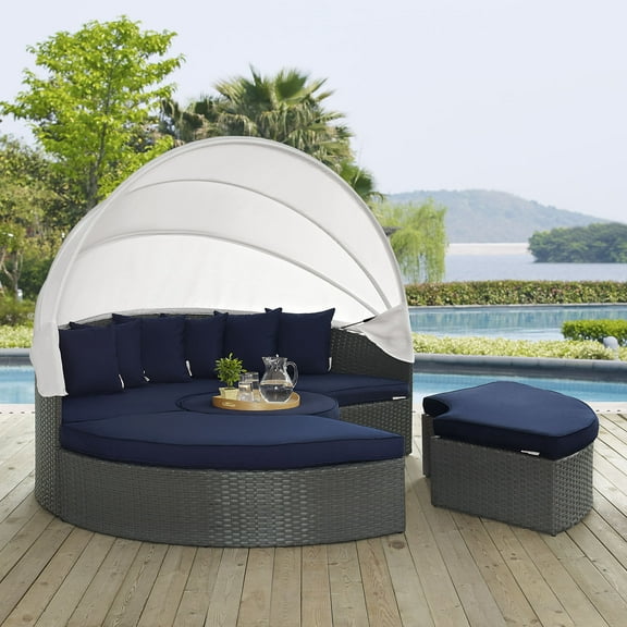 Modway Sojourn Aluminum Rattan Fabric Patio Daybed in Canvas/Navy