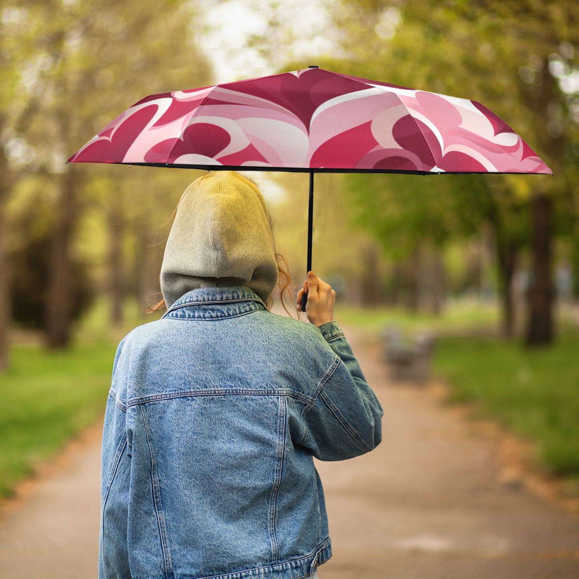 Love Hearts in Valentine Compact Folding Umbrella for Rain Windproof Travel Umbrella UPF 50+ Lightweight Packable Arc Size