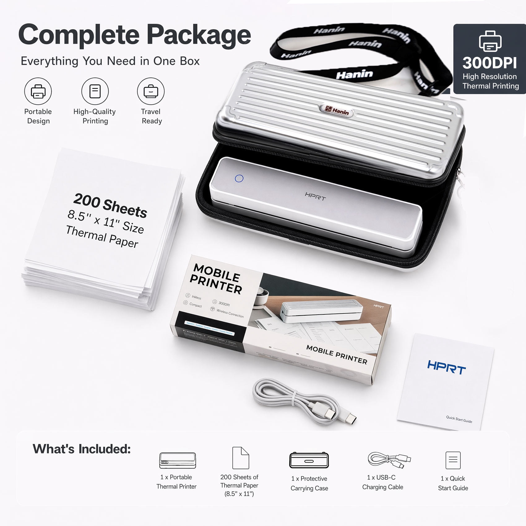 HPRT MT610Pro 300DPI Wireless Portable Thermal Printer Bundle, Inkless Bluetooth Printer with Carrying Case & 200 Sheets Letter Paper, Supports 8.5" x 11", for Home, Office & Travel