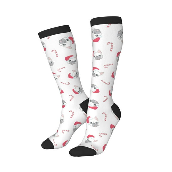 Knee High Socks for Women Men Athletic - Cute Santa Hat French Bulldog Thigh-High Black Sole Comfort Breathable Long Socks for Casual Travel Running