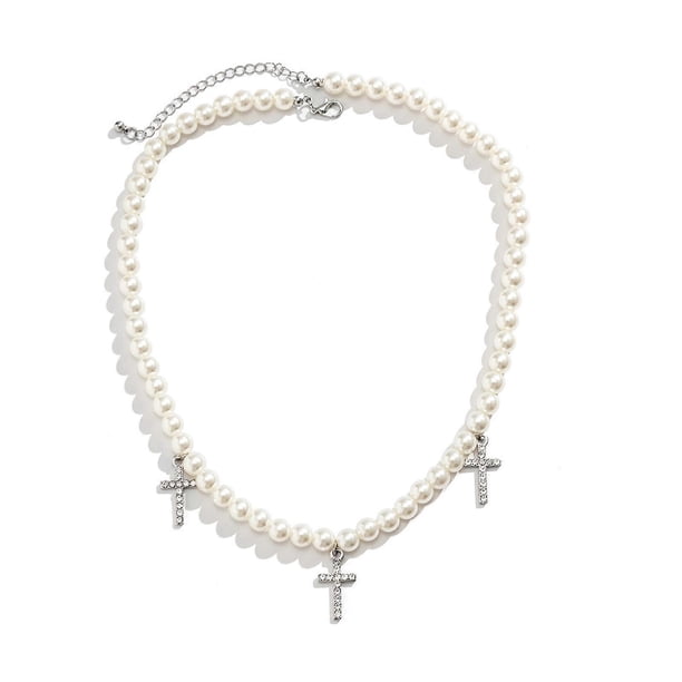 Hiphop Cross Pendant Necklace Simple Choker Pearl Chain Collar Neck Chain Fashion Clavicle Chain Necklace Party Jewelry