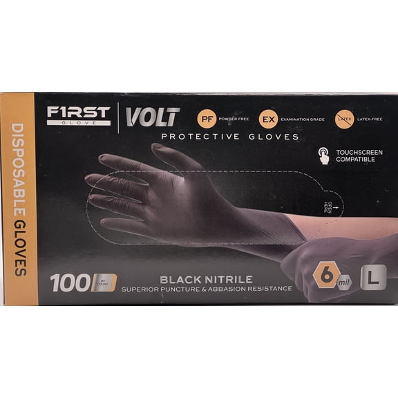 First Glove Volt Micro Textured for Enhanced Grip Food Safe, Latex Free Nitrile Disposable Gloves Large Black, 100 Count
