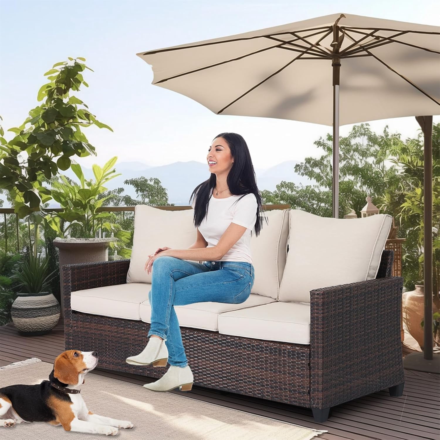 EortheX Outdoor Patio Sofa, 3-Seat Rattan Wicker Couch for Garden Deck or Porch, Comfortable All-Weather Patio Furniture with Anti-Slip Cushions (Beige)