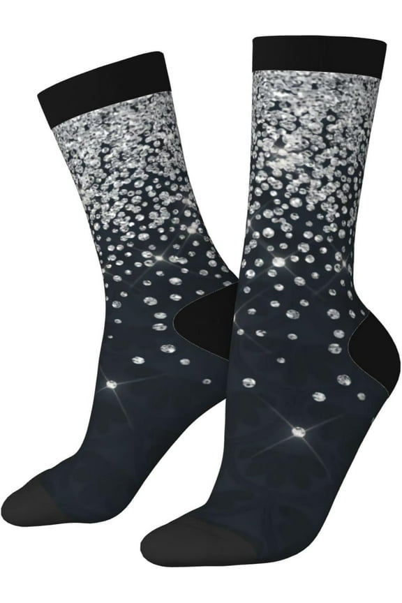 Mvirnsw Black Silver Glitter Diamond Sparkly Men Women Funny Novelty Crew Tube Socks, Casual Athletic Sport Dress Socks