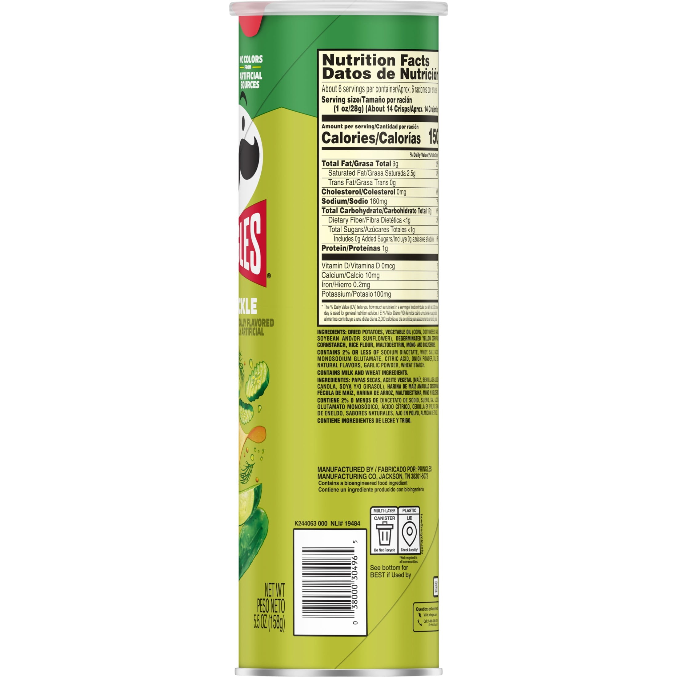 Pringles Dill Pickle Potato Crisps Chips, Lunch Snacks, 5.5 oz Canister