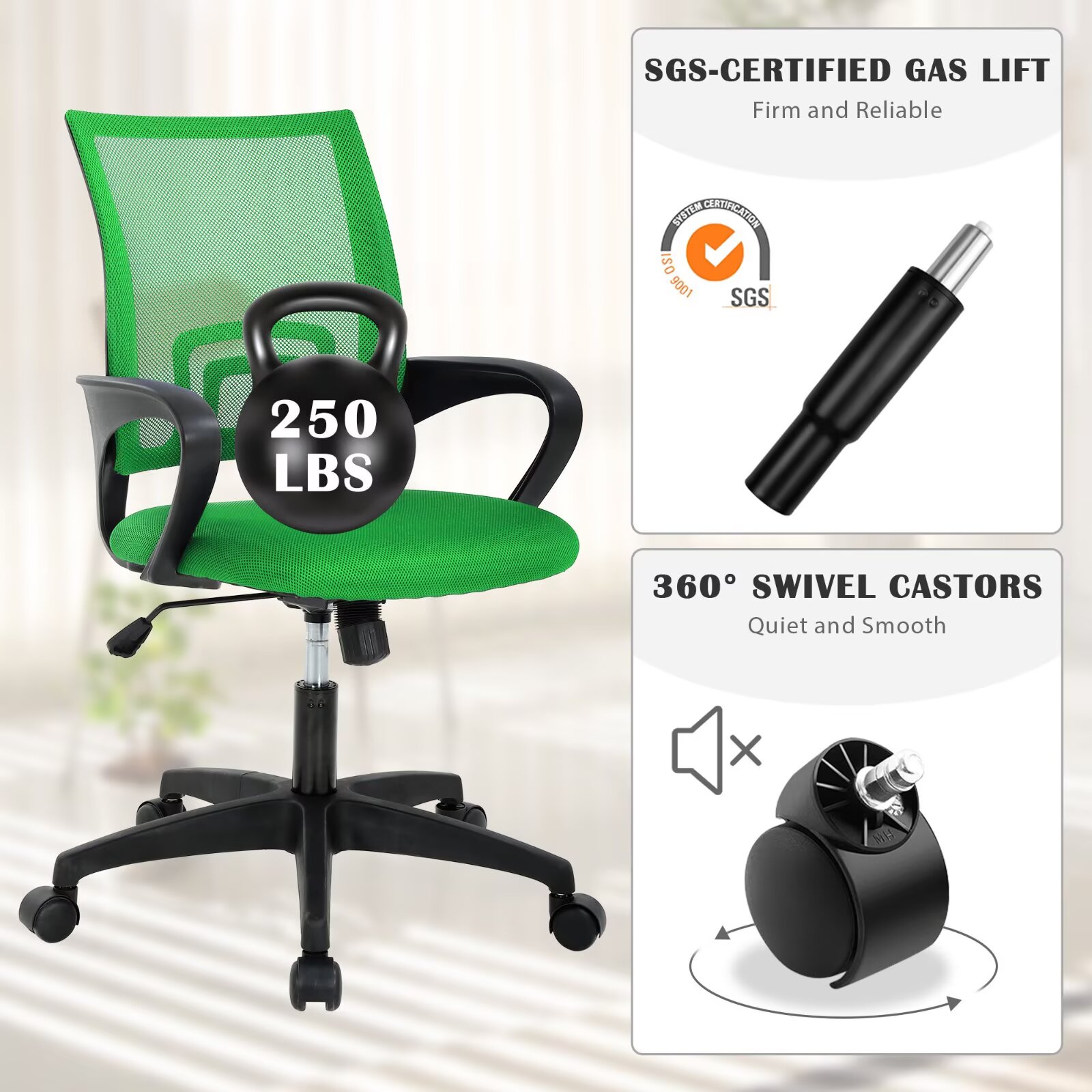 YRLLENSDAN Mesh Office Chair with Lumbar Support and Armrest, Comfortable Desk Chairs with Wheel, Home Swivel Chair with Adjustable Height and Tilt, Green