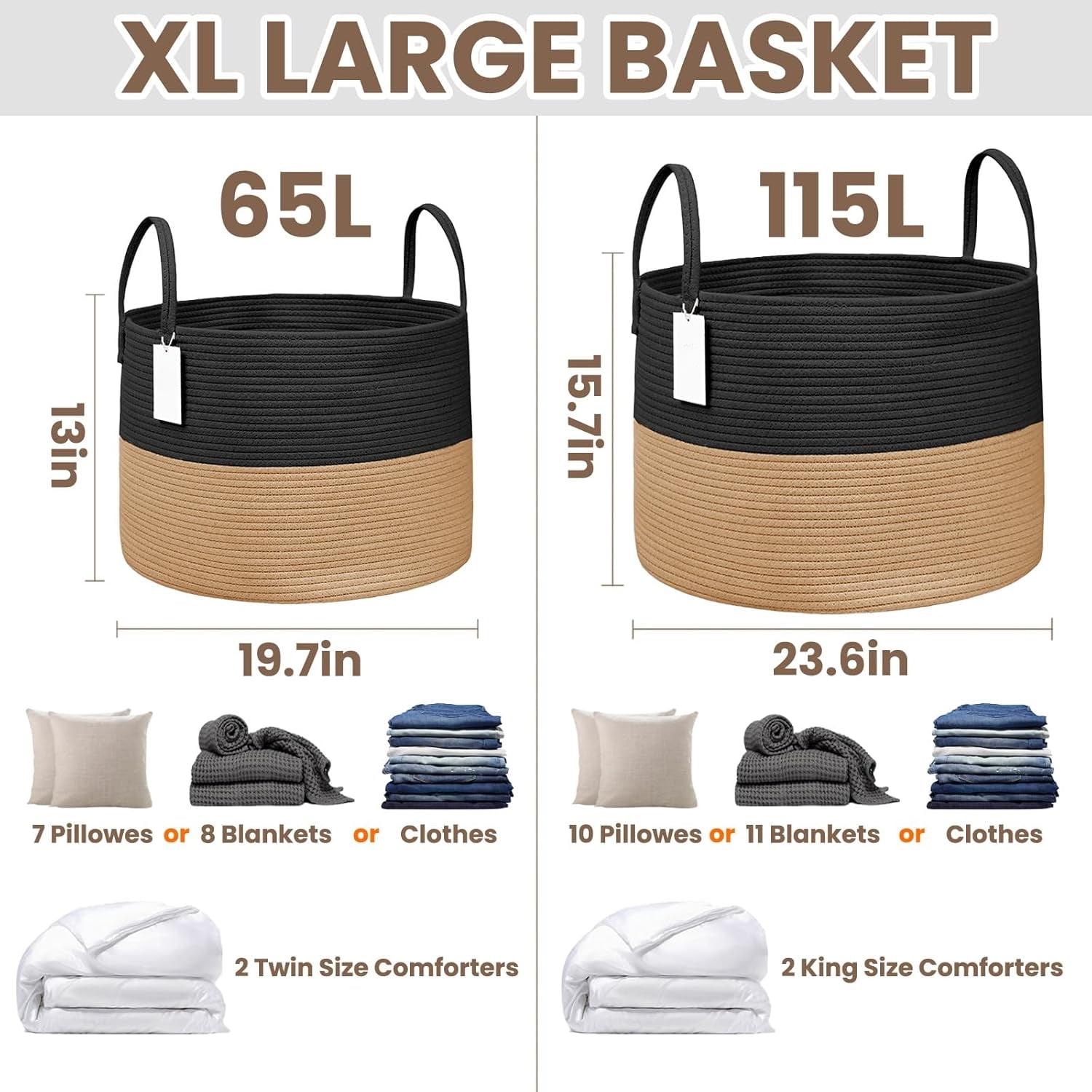 65L Extra Large Oatmeal Woven Cotton Rope Blanket Basket & Laundry Hamper with Reinforced Handles, Machine Washable Storage Bin for Pillows, Comforters & Toys, Perfect for Living Room