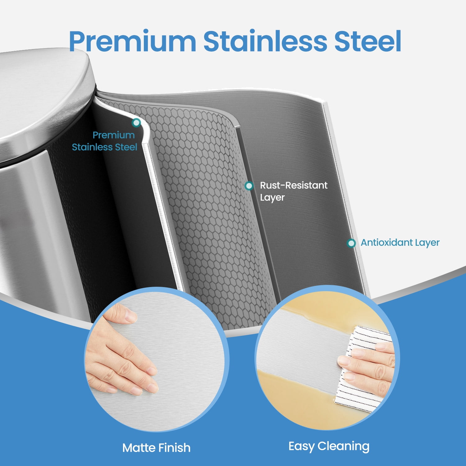 LEDREM Stainless Steel 13 Gallon Step Trash Can , Soft-Close Lid with Odor Seal & Inner Bucket , Kitchen Recycling Bin ,Silver