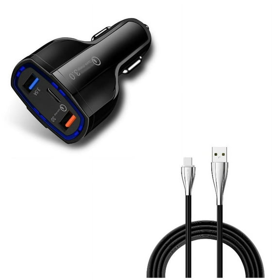 Charger Cord Type-C 6ft USB Cable w 3-Port USB 48W Quick Car Charger X1W for Acer Liquid Jade Primo - Alcatel PulseMix, 7, Idol 5S 5 4S - ASUS Zenfone V Live, ROG Phone, AR 6 5z 4 Pro