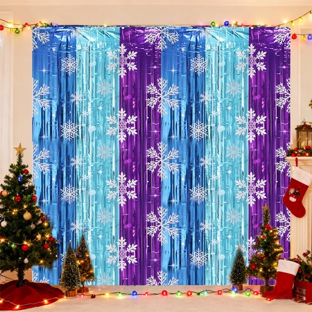 Cortina de Lluvia Navideña con Copos de Nieve | Serpentina de Plástico Azul con Borlas | Decoración para Fiestas Invernales de 100 X 200 Cm | Fondo de Cumpleaños con Temática de Hielo y Nieve | Corti