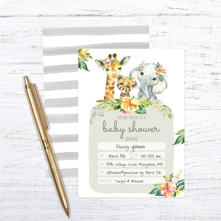 Boho Safari Animal Baby Shower Invites / 25 Welcome Baby Animals Party  Invitations / 5 x 7 Floral Cards 