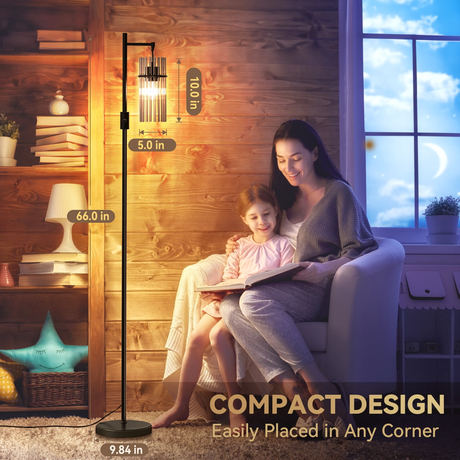 Industrial Floor Lamps for Living Room, Dimmable Floor Lamp Modern Standing Lamps with Glass Lampshade, Rotary Switch, LED Bulbs, Tall Lamps for Bedroom, Office (1 Lampshade