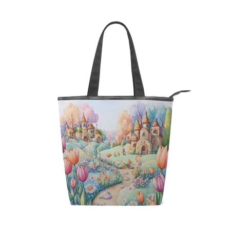 Large Capacity Canvas Tote Bag with Zipper Durable Canvas & Leather Shoulder Handbag All-over Print Tote for Work Commuter Shopping Travel Dreamy Tulip Fairyland Landscape