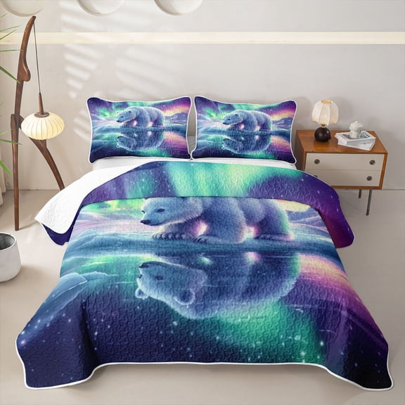 Castle Fairy Wildlife Aurora Polar Bear Twin Quilt Set for Teens,Icy Lake Snow Mountain Twin Coverlet Set,Mint Purple White