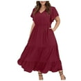 thumbnail image 1 of Vestido informal de talla grande para mujer con cuello en V, color liso, mangas con volantes y pliegues - Poliéster, moda de verano, 1 of 5