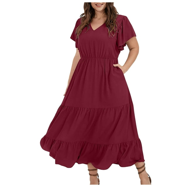 Vestido informal de talla grande para mujer con cuello en V, color liso, mangas con volantes y pliegues - Poliéster, moda de verano