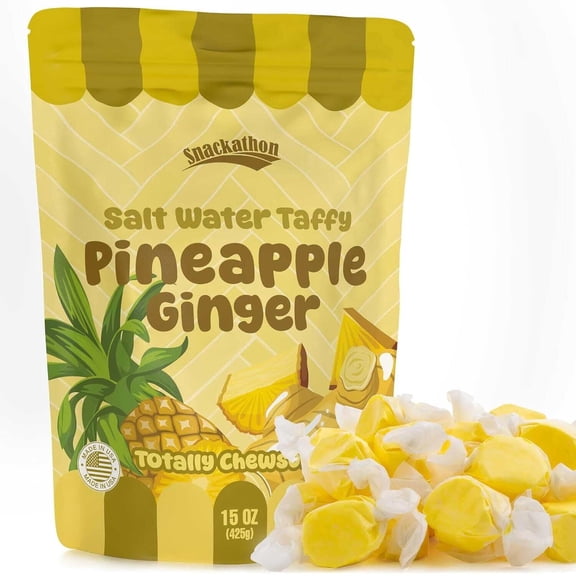 Snackathon Salt Water Taffy Single Flavor, Pineapple Ginger, Bulk Individually Wrapped Gourmet Candy, Soft & Chewy Sweet Treats, 15 oz Resealable Bag