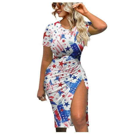 

Hvyesh 4th of July Dresses Women Summer Plus Size Bodycon Dress Beach Print Crew Neck Sundresses Bohemian Short Sleeve Trendy Dresses 2023 Sky Blue