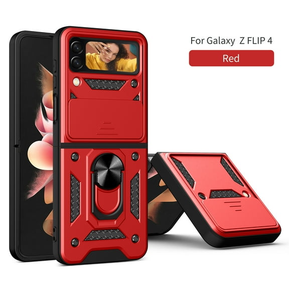 Case for Samsung Galaxy Z Flip4 with Camera Cover & Kickstand, Slide Lens Protection 360°Rotate Ring Hybrid Rugged Bumper Shockproof Case Cover for Samsung Z Flip 4 5G 6.7" 2022, Red