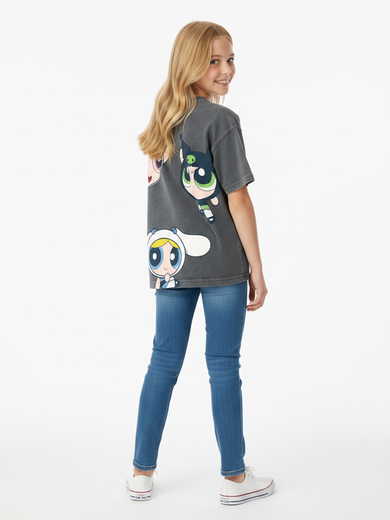 The Powerpuff Girls x Hello Kitty and Friends Girl’s Boxy Mineral Washed Graphic Crewneck Tee with Short Sleeves, Sizes 4-16