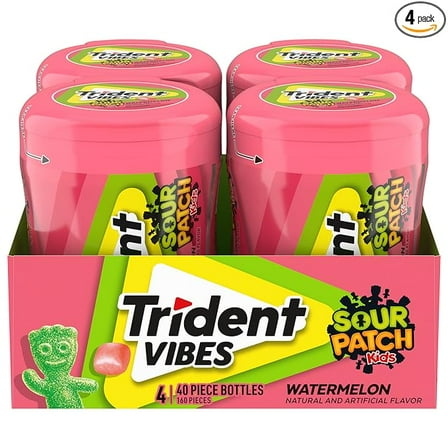Trident Vibes SOUR PATCH KIDS Watermelon Sugar Free Gum, 4 Bottles of 40 Pieces (160 Total Pieces)