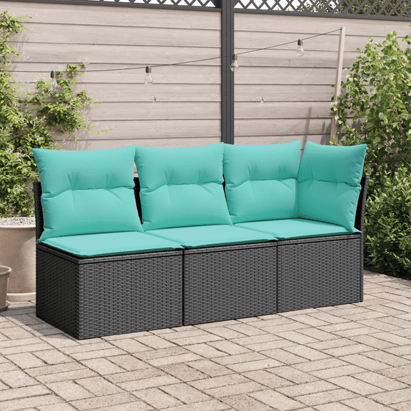 vidaXL Garden Sofa with Cushions 3-Seater Black Poly Rattan