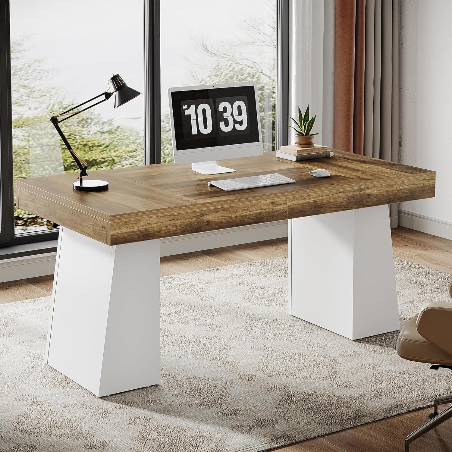 Tribesigns Modern Wood Executive Desk, 55" Computer Table Office Desk, Small Conference Table, White & Brown