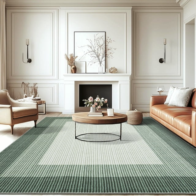 Hasoo Washable 9' x 12' Area Rug for Living Room Non Slip Bedroom Rug Bordered Textured Neutral Accent Carpet Green